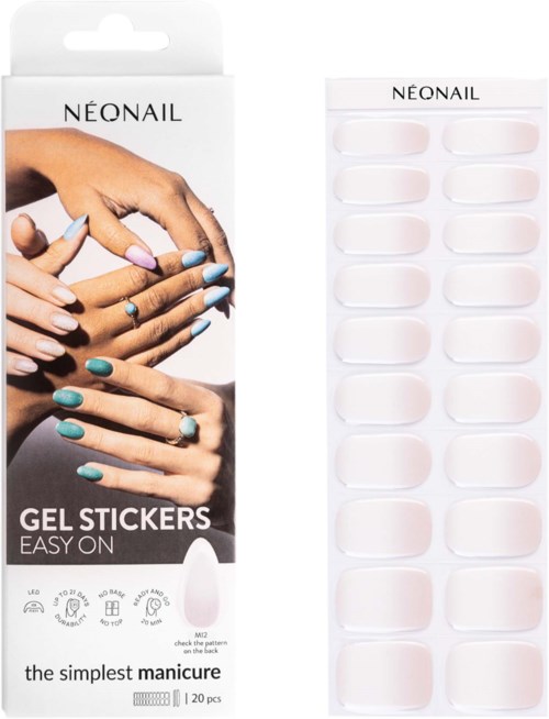 A box of gel stickers for easy nail tips, with colorful nails on hands on the packaging.