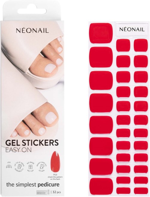 Red gel stickers for nails, arranged in a plastic sheet, used for nail decoration or nail art.
