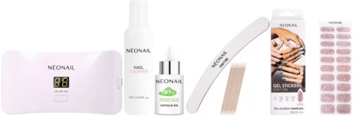 A professional nail care kit features LED lamp, cleaner, cuticle oil, nail strips, and gel stickers for nails.