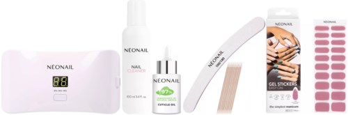 A set of nail care products including a UV lamp, nail cleaner, gel stickers, nail strips, and adhesive strips.