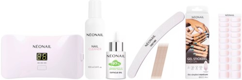 Nail care set includes a device, polish, adhesive strips, gel stickers, and a file. All are labeled Neronal.