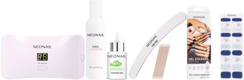 A nail care kit with a digital device, cleaner, cuticle oil, nail tape, gel stickers, and tools for nail decoration.