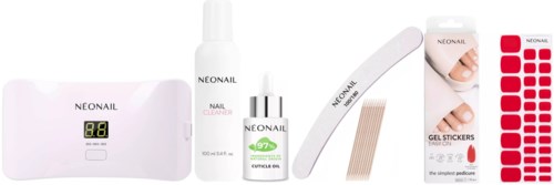 A set of neonail nail care products including a lamp, cleaner, cuticle oil, nail tape, and gel stickers.