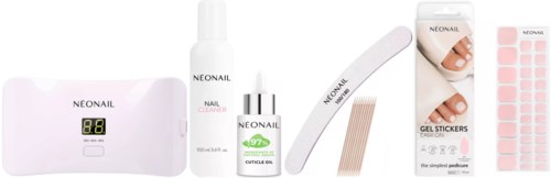 A set of nail care products including a digital device, nail polish, tools, and stickers for manicures.