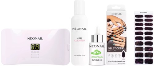 A nail care set includes a device, cleaner, cuticle oil, gel stickers, and a tool for nails and hands.