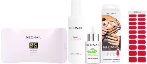 Nail care products including a LED lamp, nail cleaner, cuticle oil, gel stickers, and hand image.