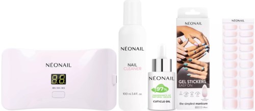 A set of nail care products including a nail file, cleaner, cuticle oil, gel stickers, and a nail dryer.