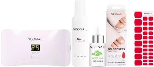 Nail care set with a digital display device, nail cleaner, cuticle oil, gel stickers, and nail polish.