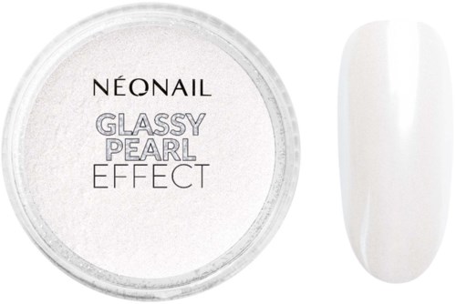 A container of gel nail polish labeled 'Neonail Glassy Pearl Effect' with a white nail showing a pearly, shiny finish.