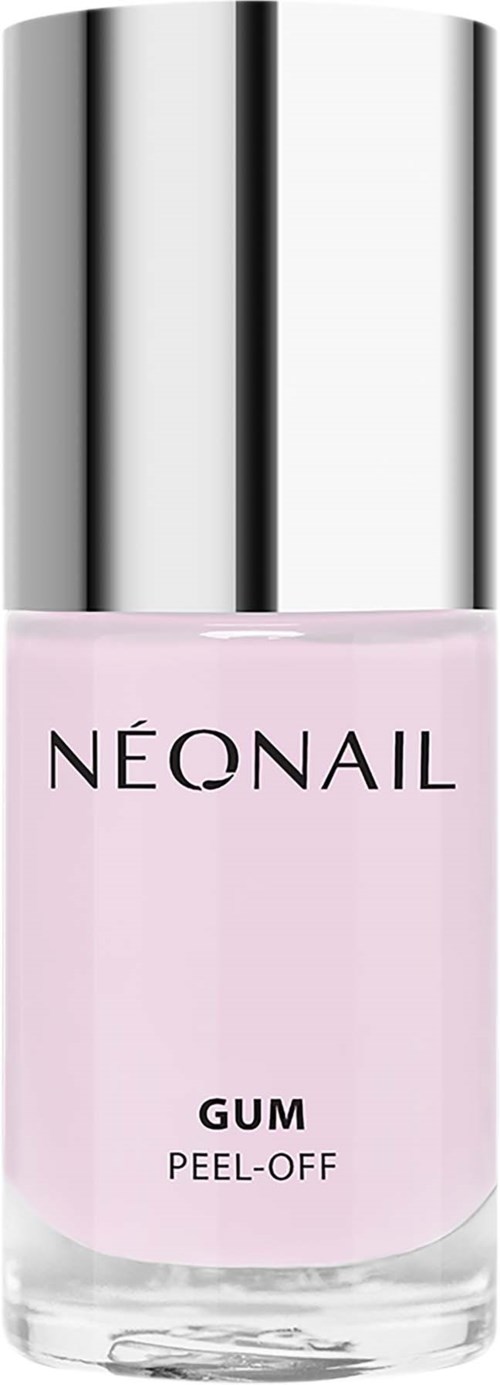 A pink nail polish bottle with a silver cap, labeled 'NEONAIL GUM PEEL-OFF'.