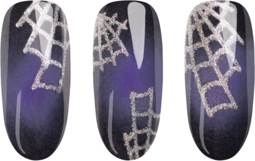 Dark purple nails with white glittery spiderweb designs on each nail.