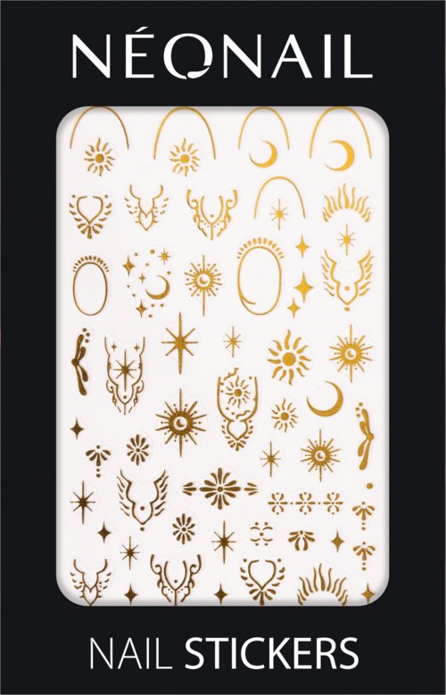 A set of golden nail stickers with celestial and mystical designs on a white background. The package is black with 'NÉONAIL' and 'NAIL STICKERS' labels.