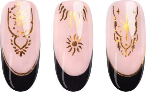 Nail art with pink bases and gold decorative designs, including stars and sun patterns.