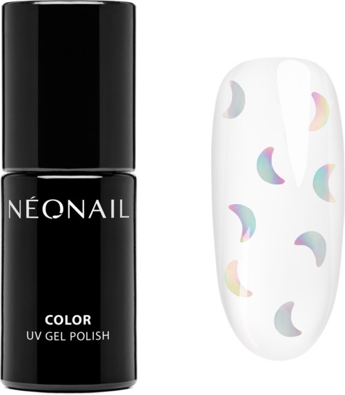 Black nail polish bottle and a white nail with colorful crescent moon designs.