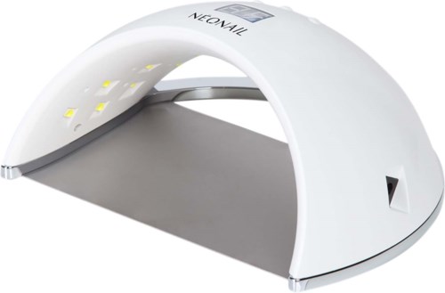 Een witte UV-vingerlamp met een gebogen vorm, LED-verlichting en een digitaal display aan de bovenkant.