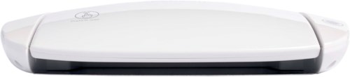A white robotic vacuum cleaner with a circular button on top, designed to clean floors automatically.