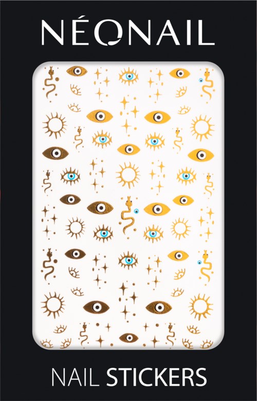 Néonail logo at the top with a design of eyes, stars, and squiggly lines in gold, black, and blue.