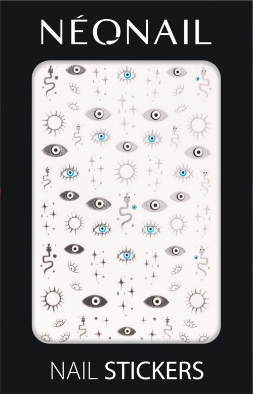 A black box with the words 'NÉONAIL' and 'NAIL STICKERS'. Inside, there are various eye and sun designs.