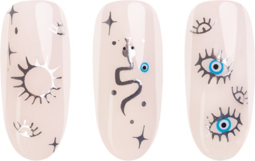 Nails decorated with black and blue eye and star designs, with some shiny silver accents and a snake.
