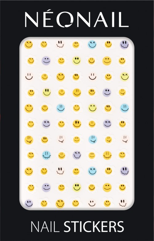 A black box displaying various colorful smiley face nail stickers with different expressions.