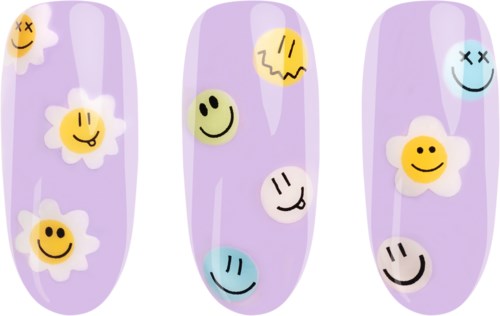 Colorful nails decorated with smiley faces and flowers in pastel shades.