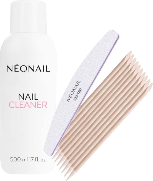 A nail cleaner spray, a nail buffer, and 10 beige nail tips for polishing or decorating nails.