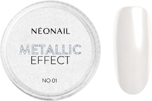 A container labeled 'Neonail Metallic Effect' with a white nail sample next to it.