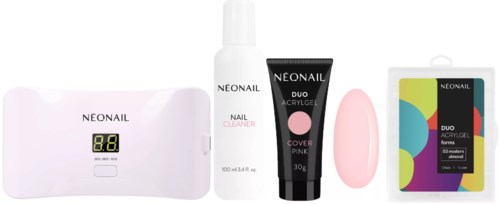 Set of nail care products including a UV lamp, nail cleaner, nail polish, brush, and nail polish bottles.