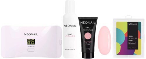 A collection of nail care products including a UV lamp, nail cleaner, acrylic gel, sponge, and colorful acrylic gel packages.