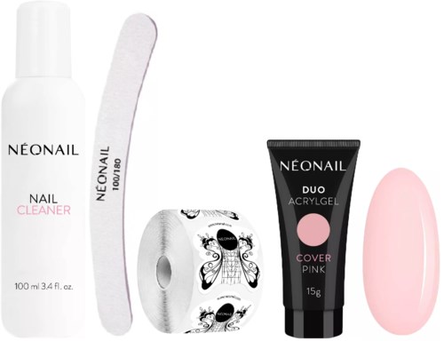 A set of nail care items including a cleaner, file, decorative wrap, pink gel, and oval-shaped buffer.
