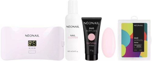 Nail care set includes a lamp, cleaner, pink polish, applicator, and colorful nail stickers.
