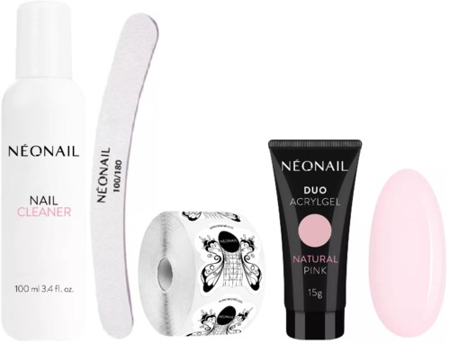 Nail care set with cleaner, file, decorative tape, gel, and oval sponge. Designed for manicure use.