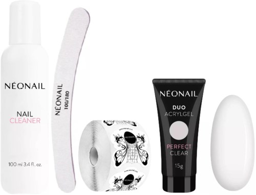 Nail care products include cleaner, file, tape, gel, and buffer. All items are for nail shaping and cleaning.