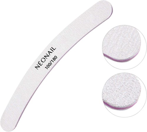 A white nail buffer with four sides, one labeled 'NÉONAIL' and numbers 100/180, with two close-up views of its surface.