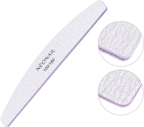 A white nail file with purple edges, labeled NÉO-NAIL 100/180, with close-up views showing its surface texture.