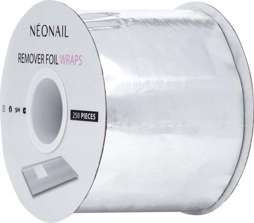 A roll of 250 removal foil wraps labeled for nails, shiny and metallic, with a small application sheet shown.