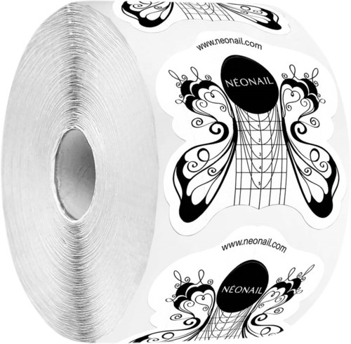 A roll of nail stickers with black butterfly designs and the website www.neonail.com printed on it.