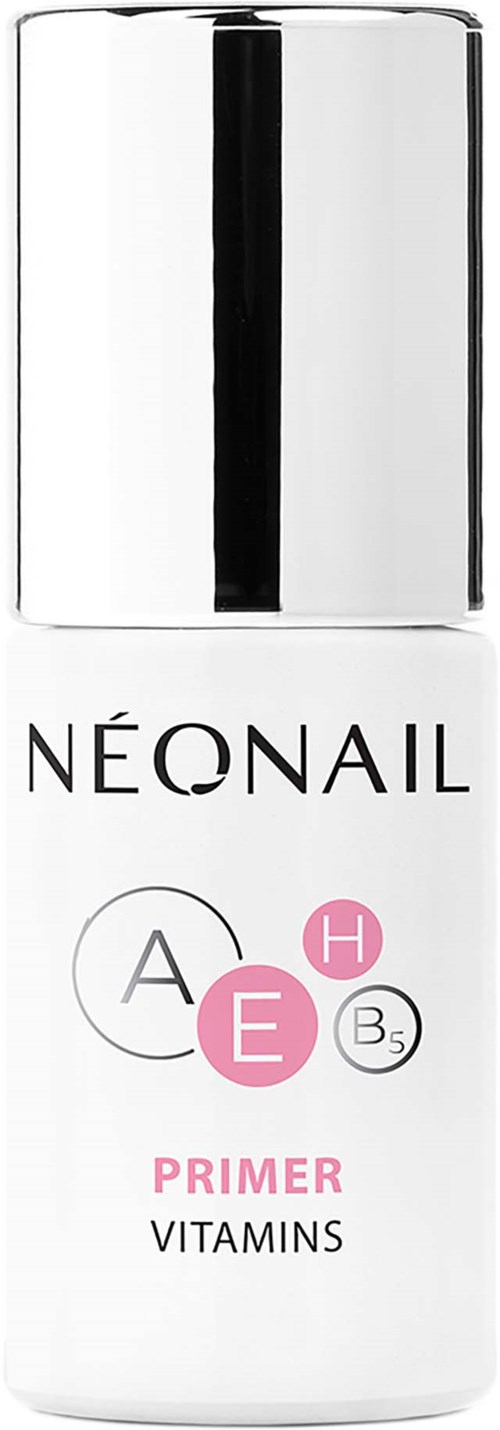 A white bottle with a silver cap labeled 'NÉONAIL Primer Vitamins,' featuring logos and pink text.