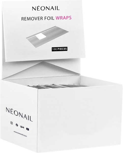 A white box contains nail remover foil wraps, with branding and info on the top and side of the box.
