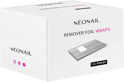 White box for nail remover foil wraps, 100 pieces, with a simple logo and social media icons.