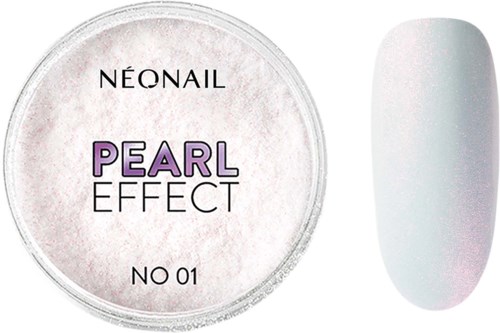 Een kleine ronde container met 'Pearl Effect' naast een witte nagel met glans.