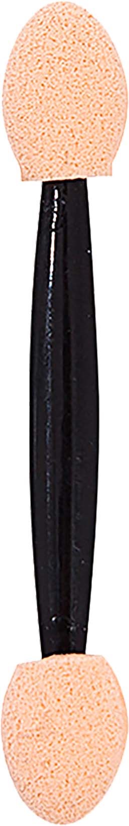 A black double-ended makeup sponge applicator with peach-colored sponge tips.