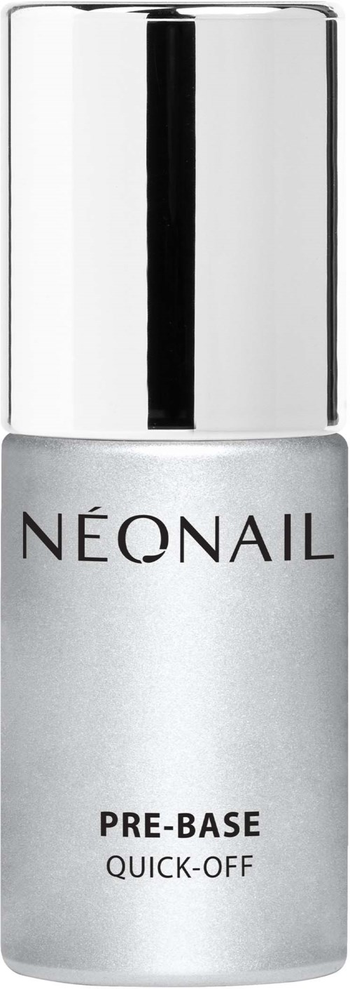 A small silver bottle of NÉONAIL Pre-Base Quick-Off nail product with a shiny cap.