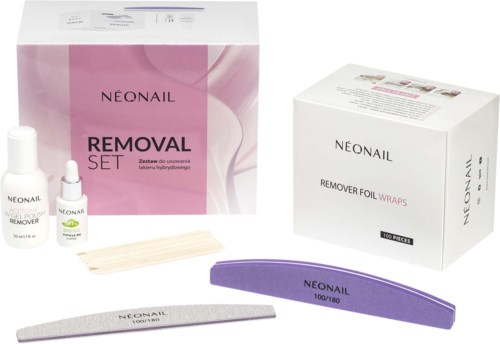 Nail removal kit with liquids, wipes, and files for professional or home use, in pink and white packaging.