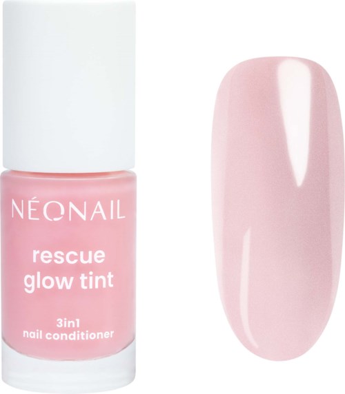 Pink nail polish bottle with white cap and a painted nail swatch in the same pink shade.