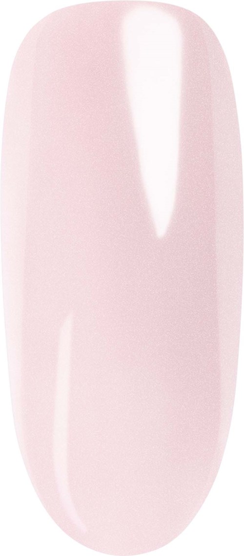 Soft pastel pink nail polish on a long oval nail shape.