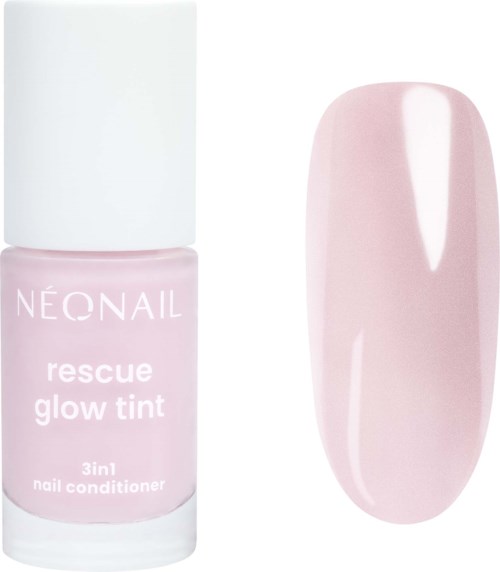 Nail polish bottle of Neonail rescue glow tint with a soft pink color sample beside it.