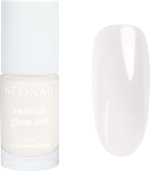 Bottle of NEONAIL rescue glow tint nail conditioner next to an oval-shaped white nail sample.