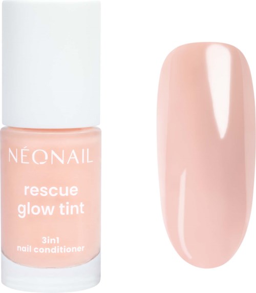 A bottle of Neonail rescue glow tint nail polish in soft pink color next to a swatch of the same pink shade with a shiny finish.