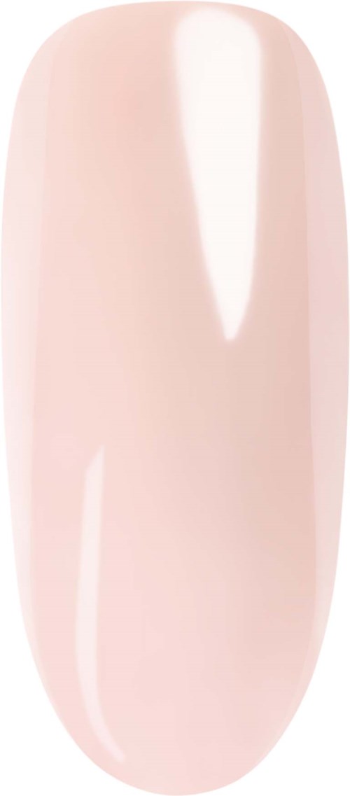 A close-up of a single, oval-shaped, light pink nail with a shiny, smooth surface.